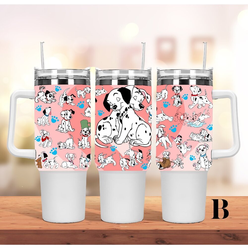Disney 101 Dalmatia 40 oz Tumbler/Water bottle/Mug with lid, handle and straw. B